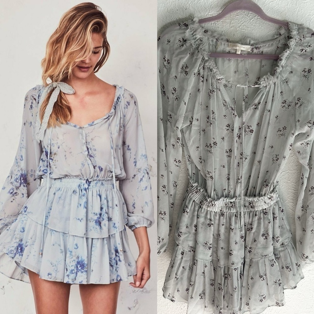 LoveShackFancy Silk Popover Mini Dress Small Gray Purple Small Floral